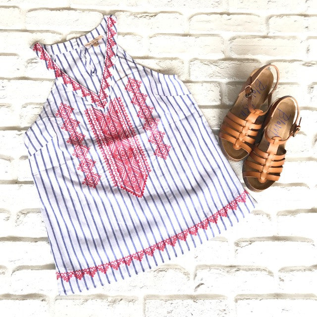 Blue & White striped top with red stitching